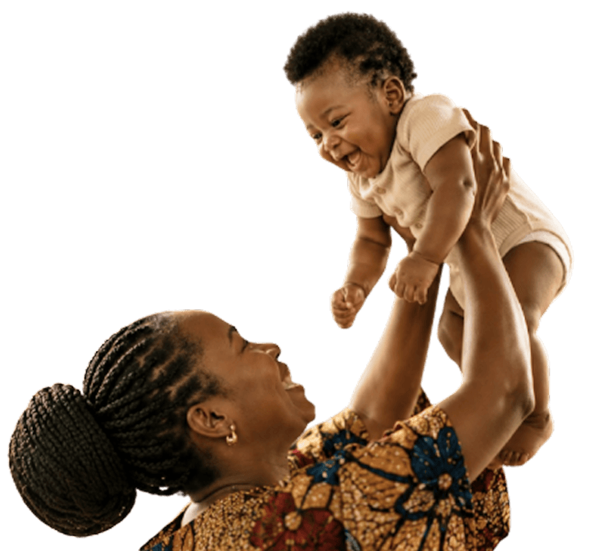 A smiling mother lifting her happy baby into the air