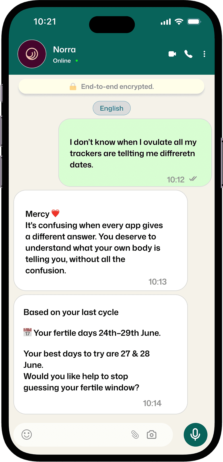 A WhatsApp conversation with NORRA offering cycle and fertility support