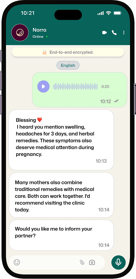 A NORRA WhatsApp conversation encouraging a pregnant woman to seek professional medical care